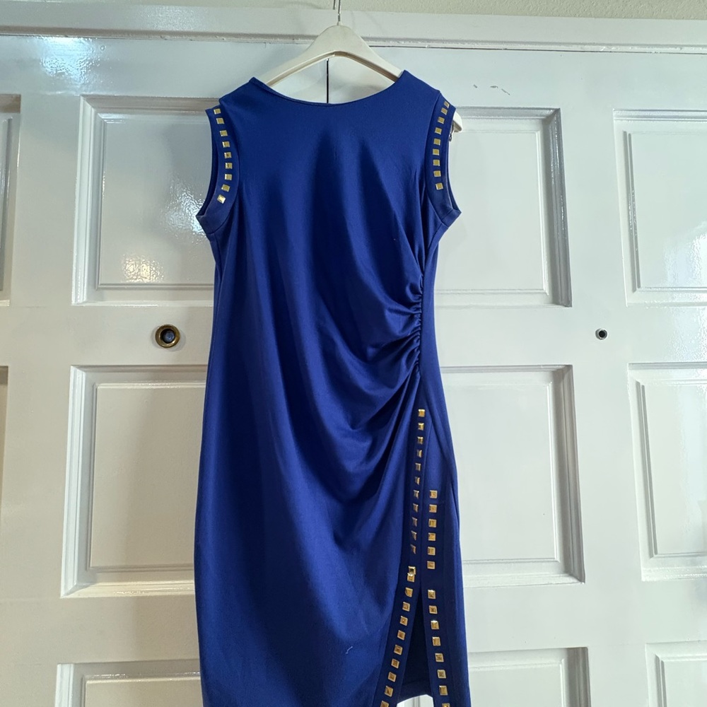 Soho Apparel Royal Blue Asymmetrical Dress with Gold Accents